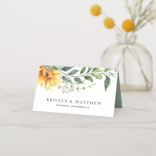 Sunflower Watercolor Modern Botanical Wedding Place Card