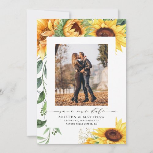 Sunflower Watercolor Modern Photo Save The Date - Are you using sunflowers in your bouquet or in your centerpiece decorations? Then you will love these modern watercolor sunflower save the date cards! The card features a watercolor sunflower cascade on the left and a photo in the center. These are great for your country weddings, fall weddings, rustic weddings, and anyone who absolutely loves sunflowers.