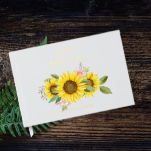 Sunflower Watercolor Pink Floral Baby Shower Foil Guest Book