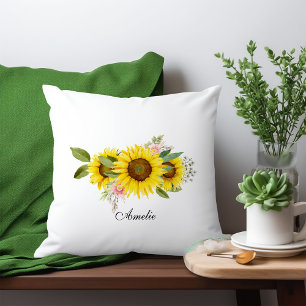 Sunflower Watercolor Pink Floral  Throw Pillow