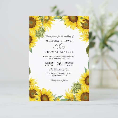 Sunflower Watercolor Rustic Budget Qr Code Wedding Invitation