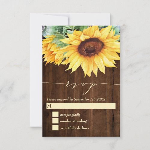 Sunflower Watercolor Rustic Wood  RSVP Card