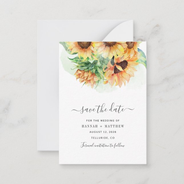 Sunflower Watercolor Script Wedding Save The Date Note Card (Front)
