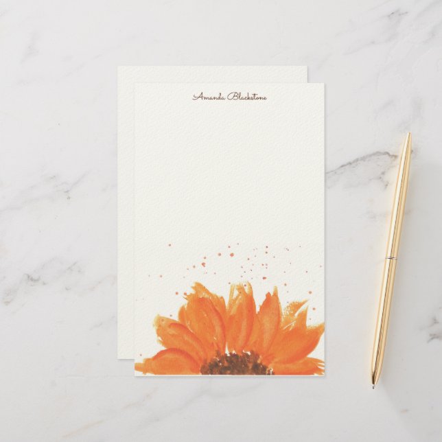 Sunflower Watercolor  Stationery (Front/Back In Situ)
