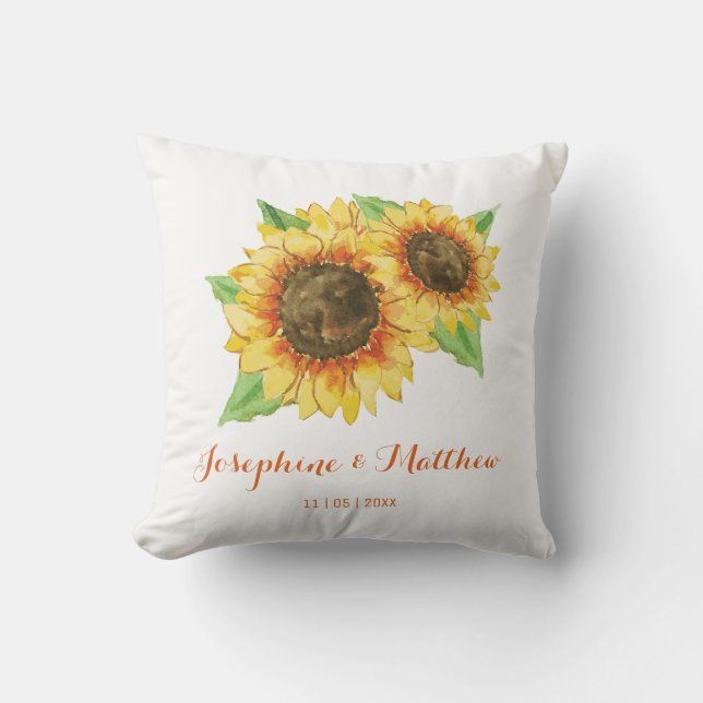 Sunflower Watercolor Wedding Throw Pillow (Front)