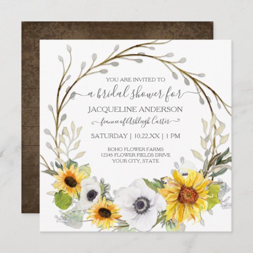 Sunflower Watercolor White Floral Bridal Shower Invitation