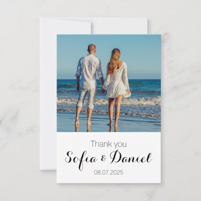 Sunflower watercolor white rose wedding photo thank you card (Front)