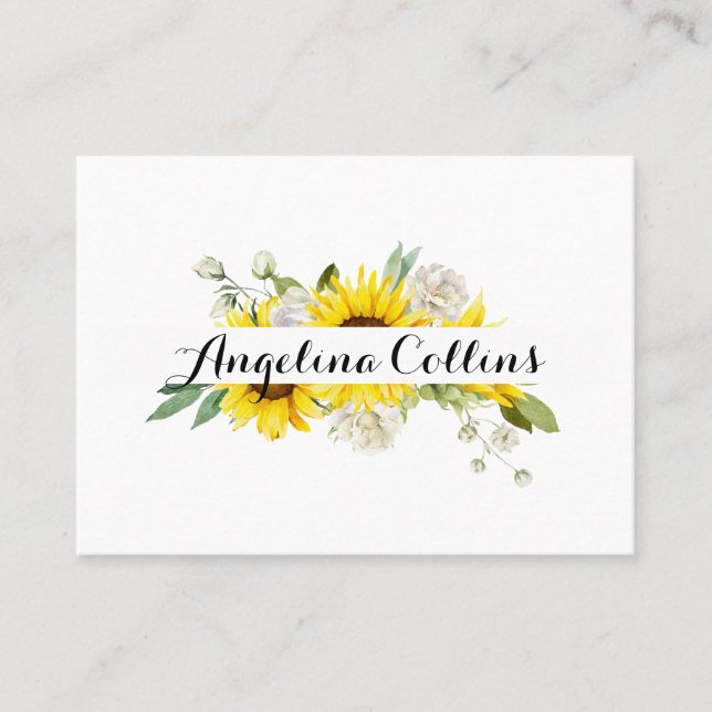 Sunflower watercolor white rose wedding  place card (Front)