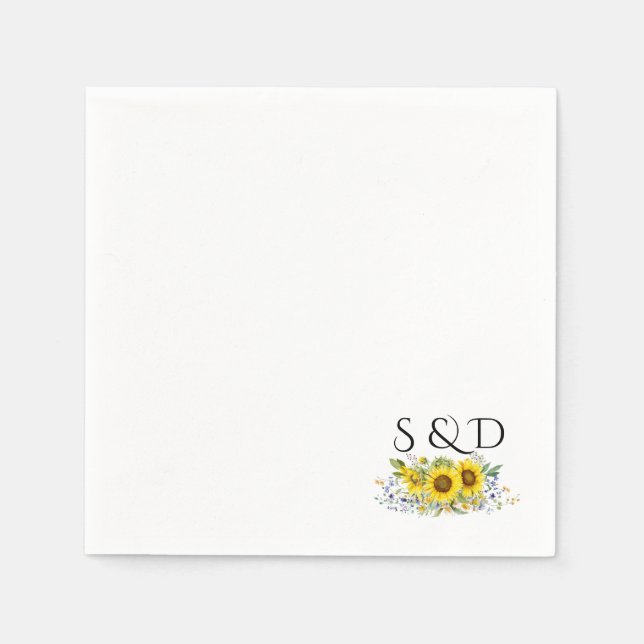 Sunflower watercolor wildflower monogram wedding  napkins (Front)
