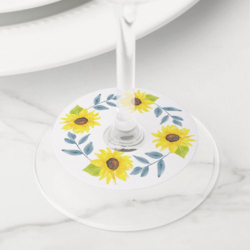 Sunflower Watercolor Wreath Wine Glass Tag