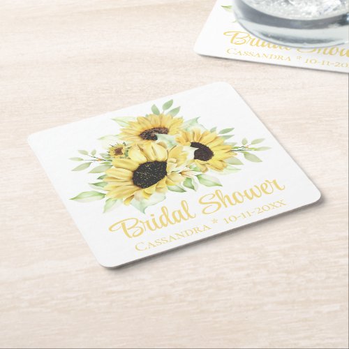 Sunflower Watercolor Yellow Floral Bridal Shower Square Paper Coaster