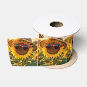 Sunflower Wearing Sunglasses and Straw Hat Satin Ribbon