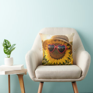 Sunflower Wearing Sunglasses and Straw Hat Throw Pillow