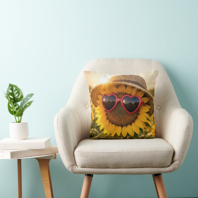 Sunflower Wearing Sunglasses and Straw Hat Throw Pillow (Chair)