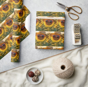 Sunflower Wearing Sunglasses and Straw Hat Wrapping Paper