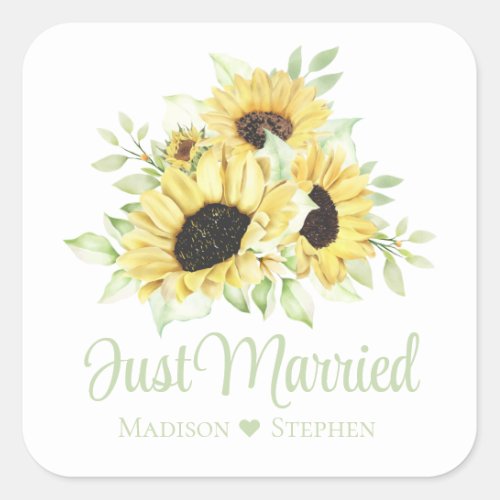 Sunflower Wedding Announcement Floral Just Married Square Sticker