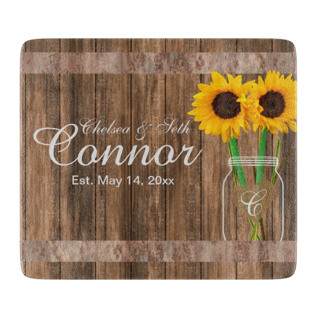 Sunflower Wedding Barn Wood Mason Jar Cutting Board (Front)