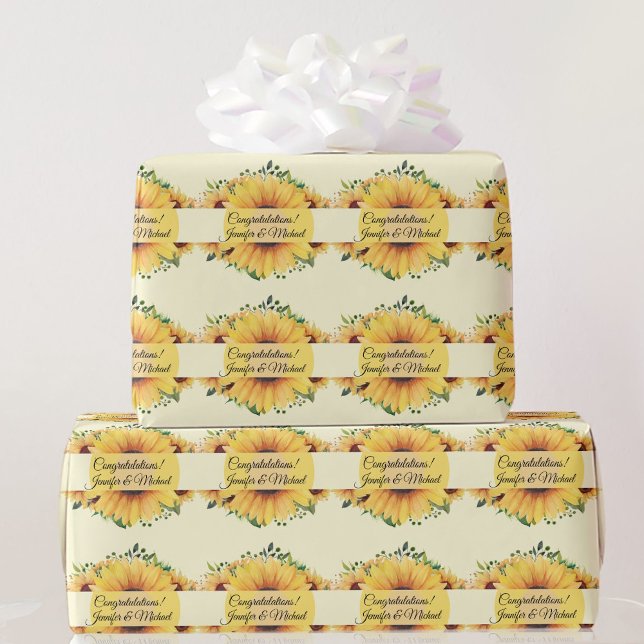 Sunflower Wedding Congratulations Add Names Summer Wrapping Paper (Creator Uploaded)