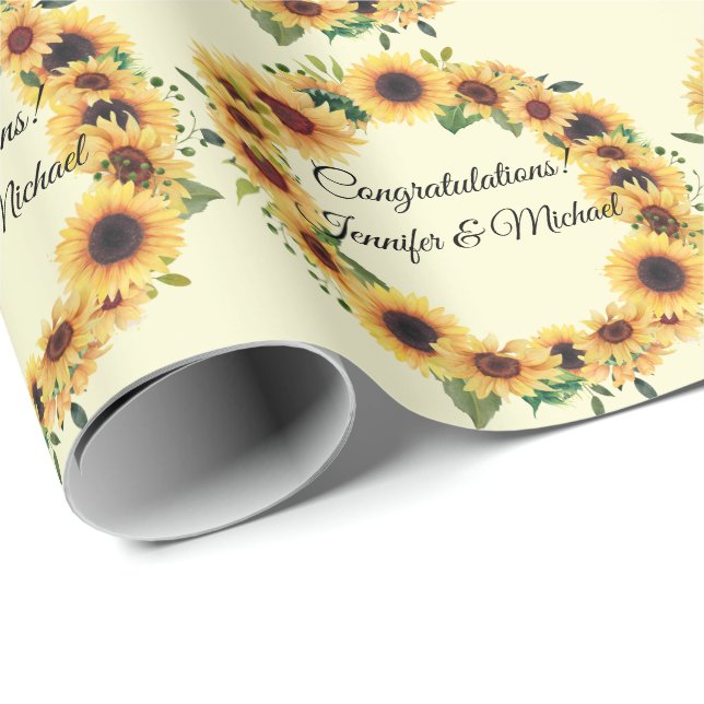 Sunflower Wedding Congratulations Add Names Summer Wrapping Paper (Roll Corner)