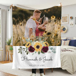 Sunflower Wedding Couple Photo Fleece Blanket<br><div class="desc">This rustic sunflower and burgundy roses country wedding couple photo blanket makes a perfect gift. This blanket features watercolor yellow sunflowers with burgundy roses and baby's breath and sage greenery. This is a perfect color scheme for a late summer or fall wedding. Personalize with names and wedding date.</div>