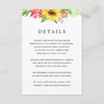Sunflower Wedding Details Card by LangDesignShop at Zazzle