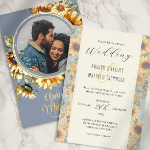 Sunflower Wedding Dusty Blue Custom Photo Foil Invitation