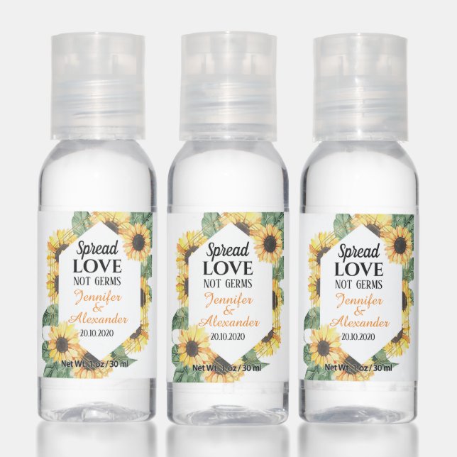 Sunflower Wedding Favors Personalise Couples Names Hand Sanitizer (Set)
