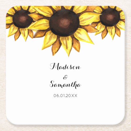 Sunflower Wedding Floral Bride Groom Square Paper Coaster