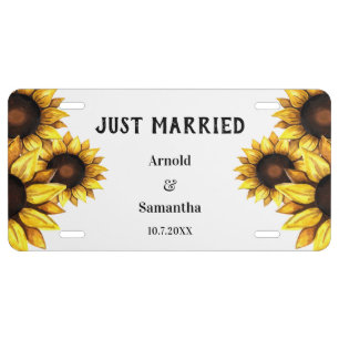 Sunflower Wedding Floral Just Married Yellow White License Plate