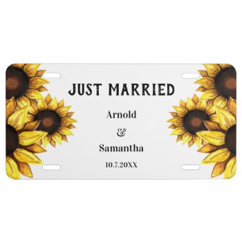Sunflower Wedding Floral Just Married Yellow White License Plate by CreativeAtlasParty at Zazzle