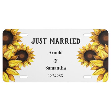 Sunflower Wedding Floral Just Married Yellow White License Plate