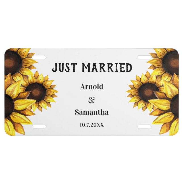 Sunflower Wedding Floral Just Married Yellow White License Plate (Front)