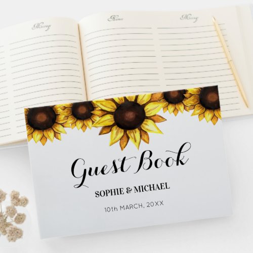 Sunflower Wedding Floral White Yellow Guest Book