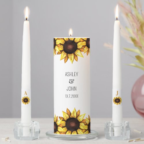 Sunflower Wedding Floral Yellow White  Unity Candle Set