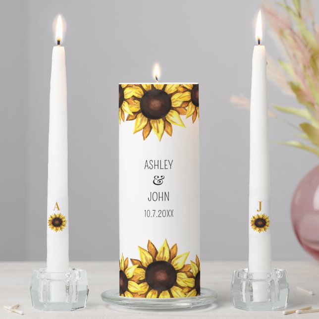Sunflower Wedding Floral Yellow White  Unity Candle Set (In Situ)