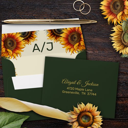 Sunflower Wedding Forest Green and Gold RSVP Envelope