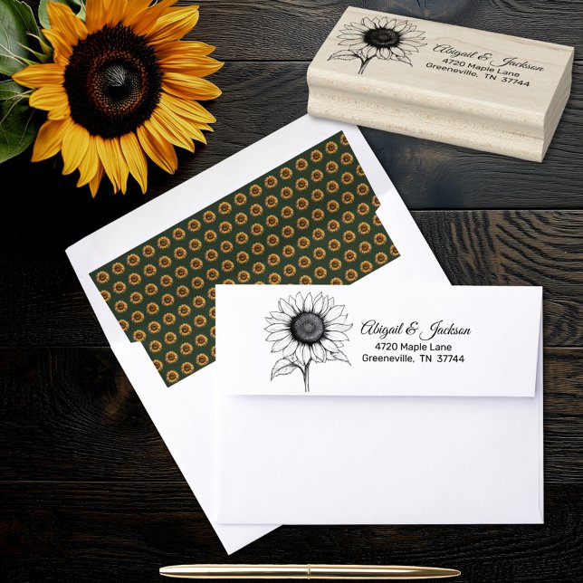 Sunflower Wedding Forest Green and Gold RSVP Rubber Stamp (Creator Uploaded)