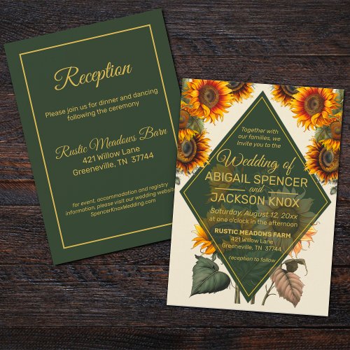 Sunflower Wedding Forest Green and Gold Rustic Invitation