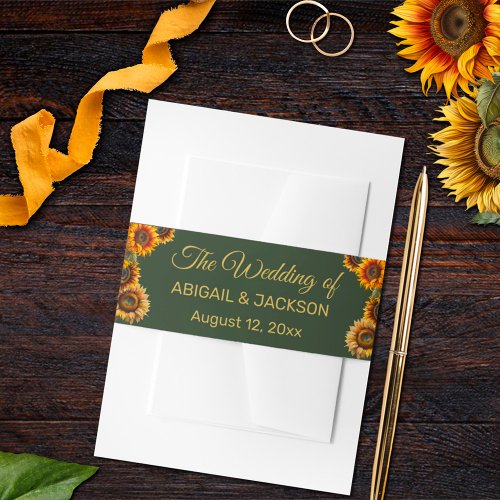 Sunflower Wedding Forest Green and Gold Rustic Invitation Belly Band