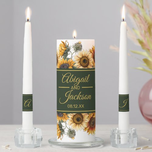 Sunflower Wedding Forest Green and Gold Unity Candle Set
