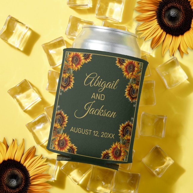 Sunflower Wedding Forest Green & Gold Can Cooler (Creator Uploaded)