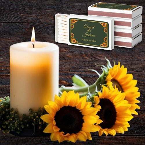 Sunflower Wedding Forest Green  Gold Matchboxes