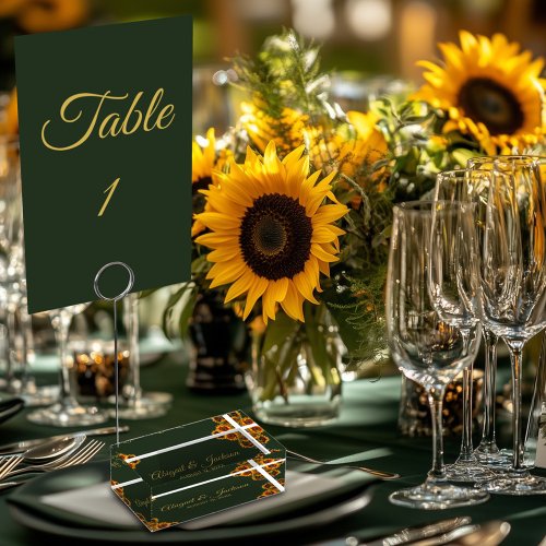 Sunflower Wedding Forest Green  Gold Place Card Holder