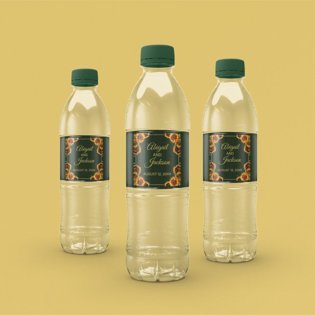 Sunflower Wedding Forest Green & Gold Water Bottle Label (Creator Uploaded)