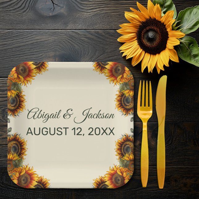 Sunflower Wedding Forest Green Rustic Paper Plates (Creator Uploaded)