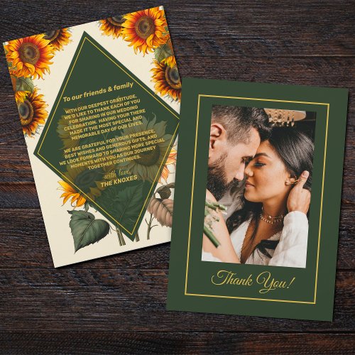 Sunflower Wedding Forest Green Thank You Card
