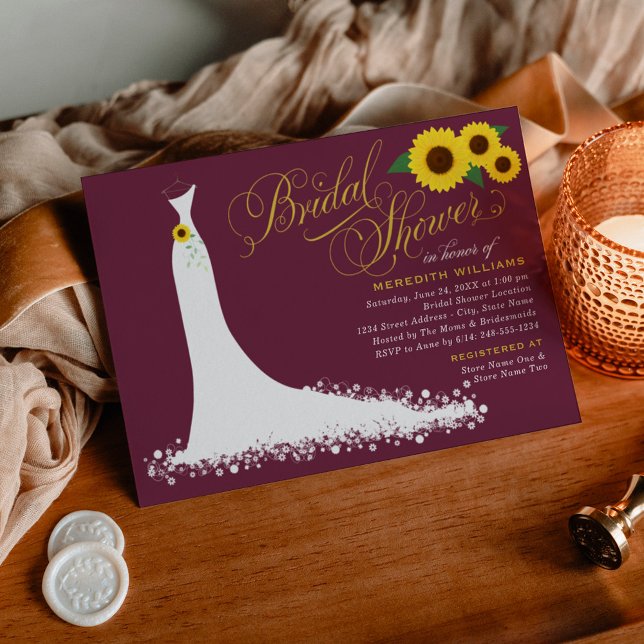 Sunflower Wedding Gown Burgundy Bridal Shower Invitation (Creator Uploaded)