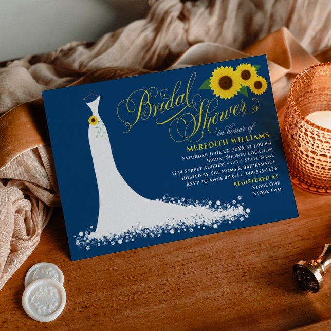 Sunflower Wedding Gown Navy Wedding Bridal Shower Invitation (Creator Uploaded)