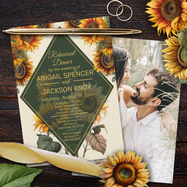Sunflower Wedding Green & Gold Rehearsal Dinner  Invitation (Creator Uploaded)