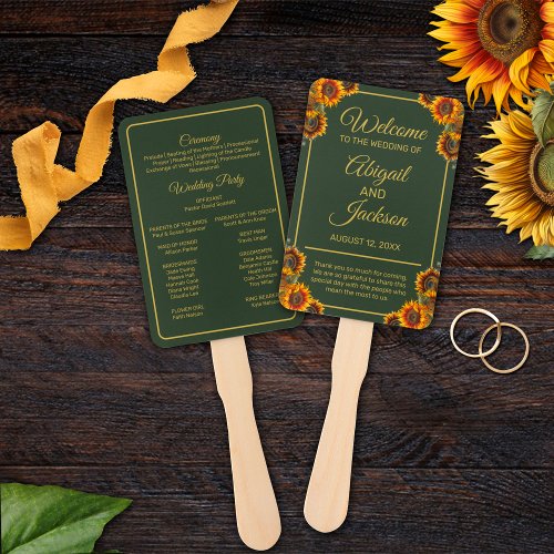 Sunflower Wedding Green  Gold Wedding Program Hand Fan